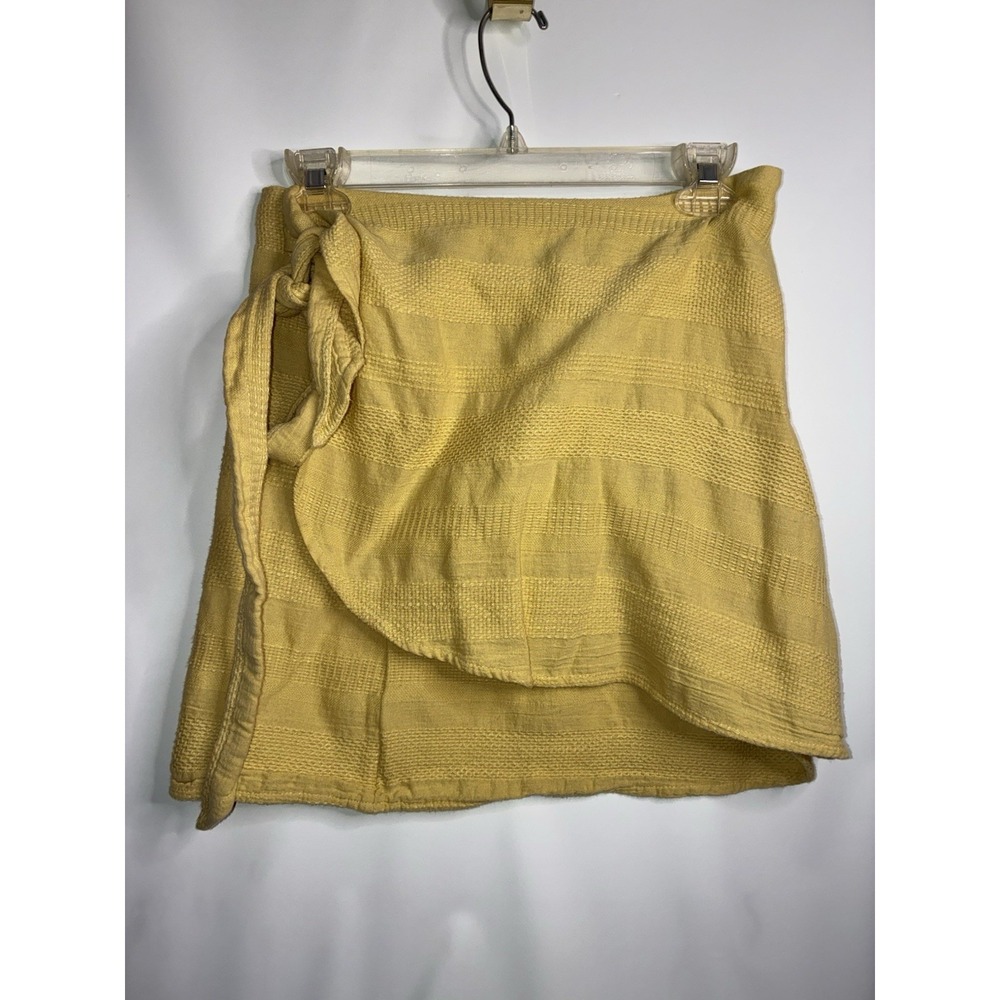 Free People Skirt Wrap Around Self Tie Belt Size XL Yellow Cotton Textured Mini